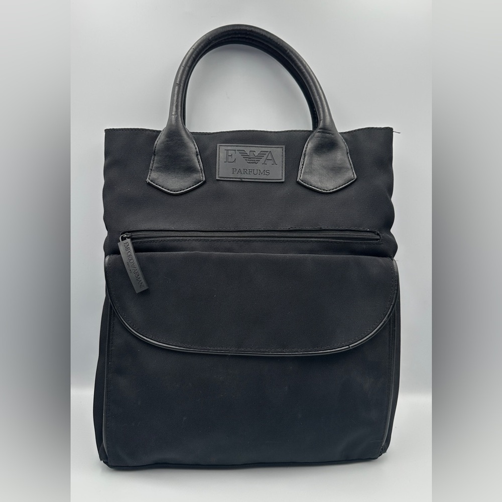 Emporio Armani Black Nylon Tote Bag With Leather Handles And 2 Front Pockets